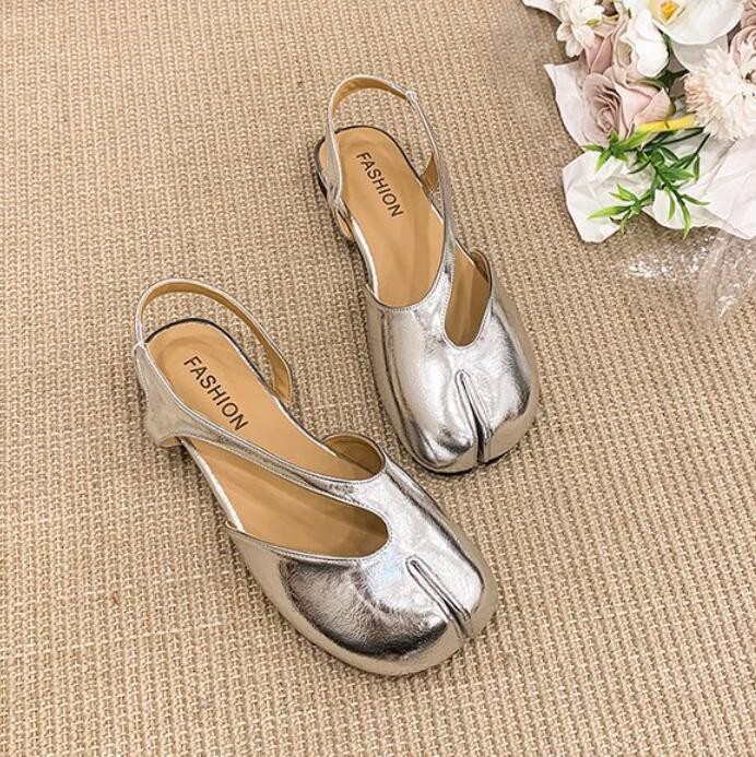 Women’s Leather Split Toe Slingback Flats T-Strap Cutout Backless Mule Sandals