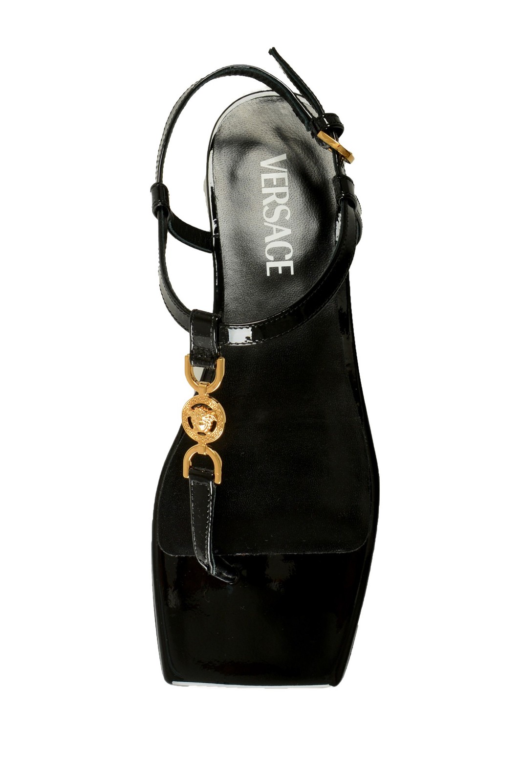 Versace Women’s Black Patent Gold Medusa Leather Flat Sandals Shoes US 6 IT 36