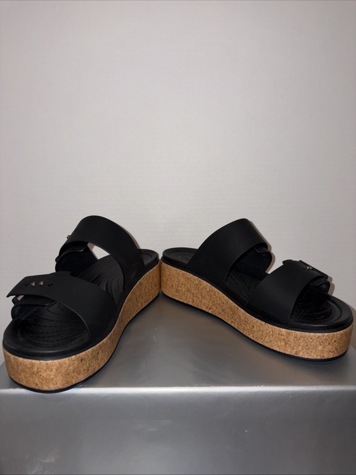 Crocs Brooklyn Black Cork Platform Sandals Double Strap LiteRide Womens Size 8