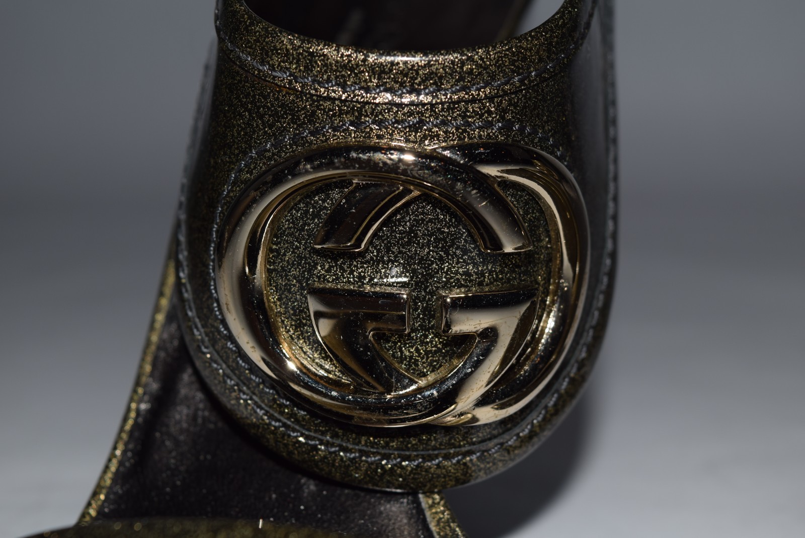 Vintage Gucci Glitter Logo Double G’s Leather Heels sz 38.5/8.5 Anthracite Black
