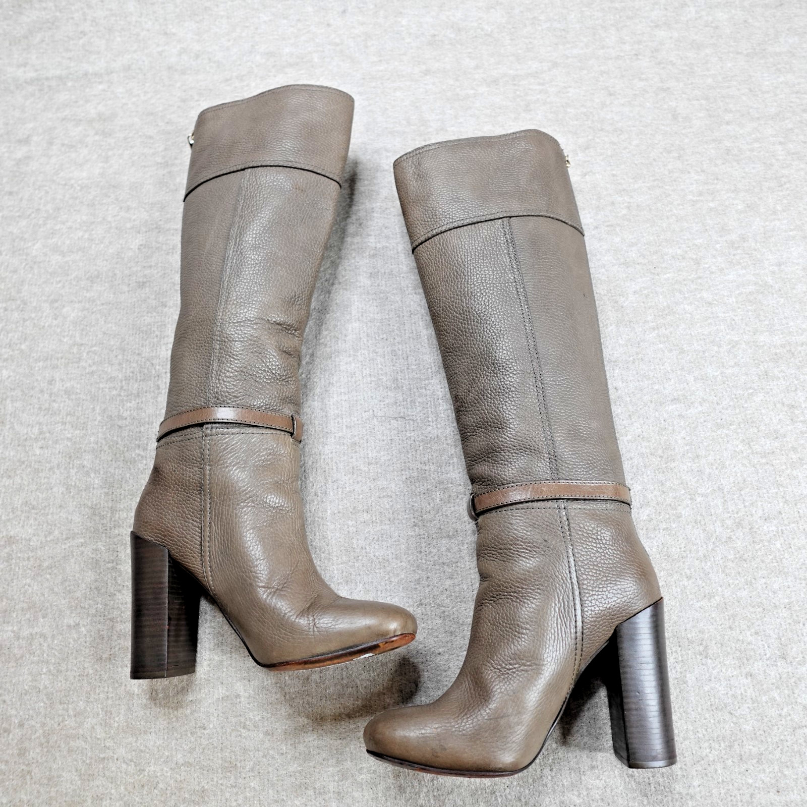 Tory Burch Womens Boots 8.5 Brown Gray Zip Heeled Pebbled Jenna Knee High