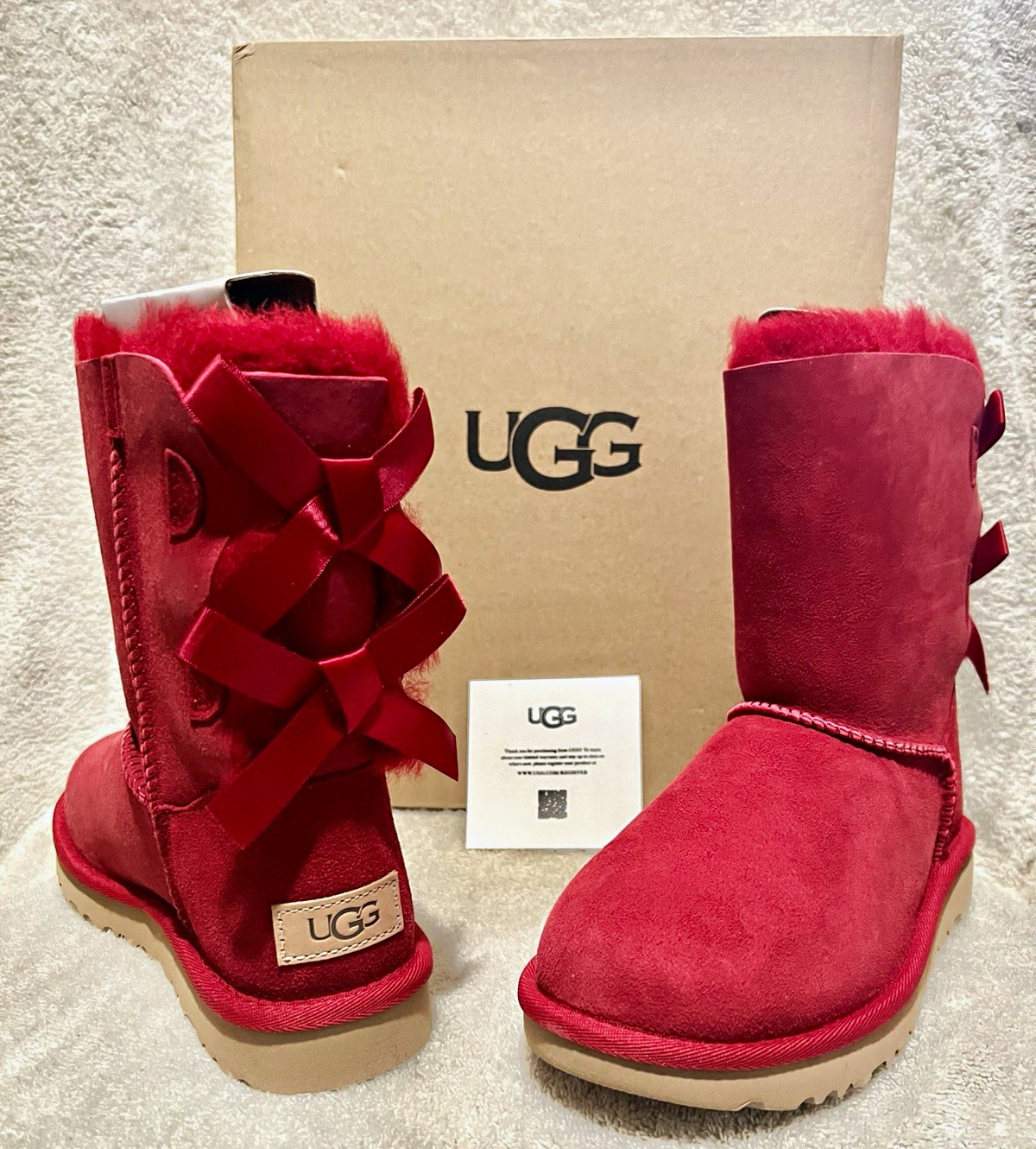 UGG Women’s Bailey Bow II Suede Sheepskin Lined Pull-On Mid-Calf Boots Red 5