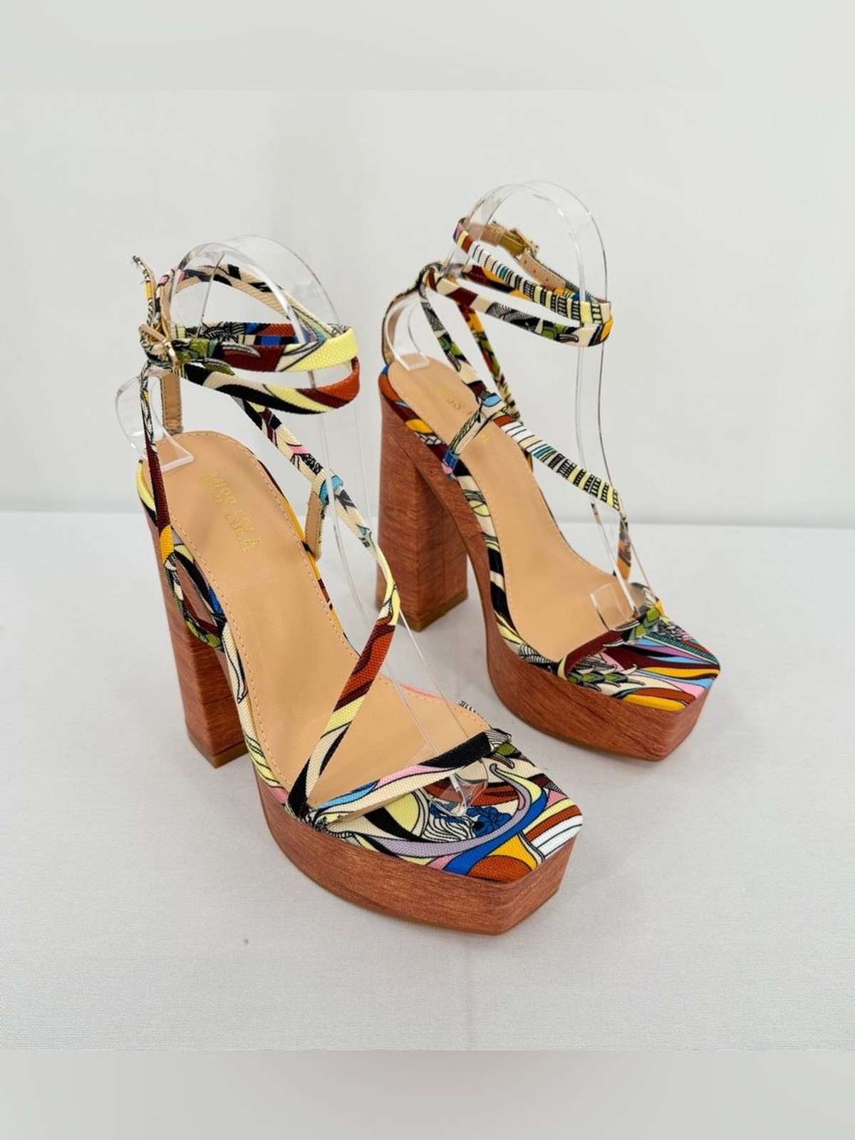 Resort Platform faux wood Block Heel Sandals Multicolor Vacation Heels 6.5