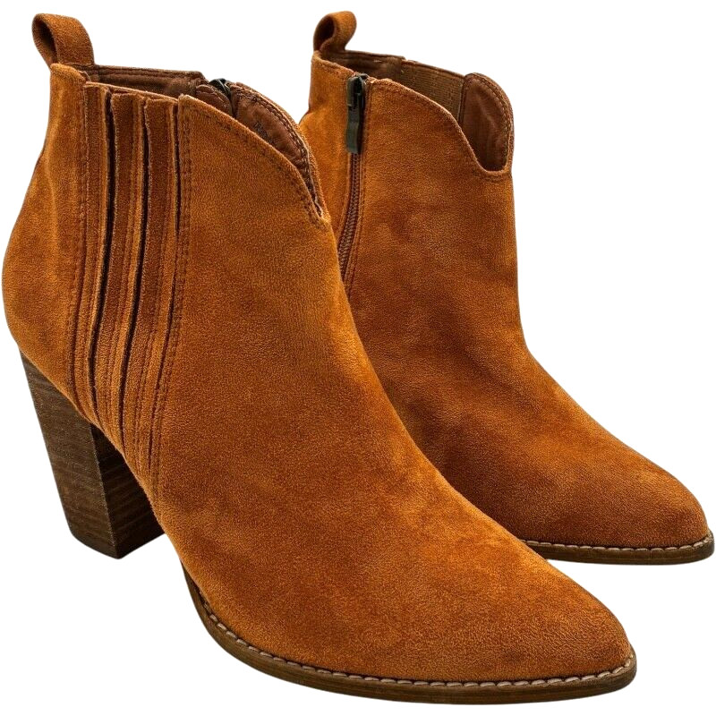 beast fashion women’s camel suede 3.5 in heeled zip-up booties size 8.5 – EUC