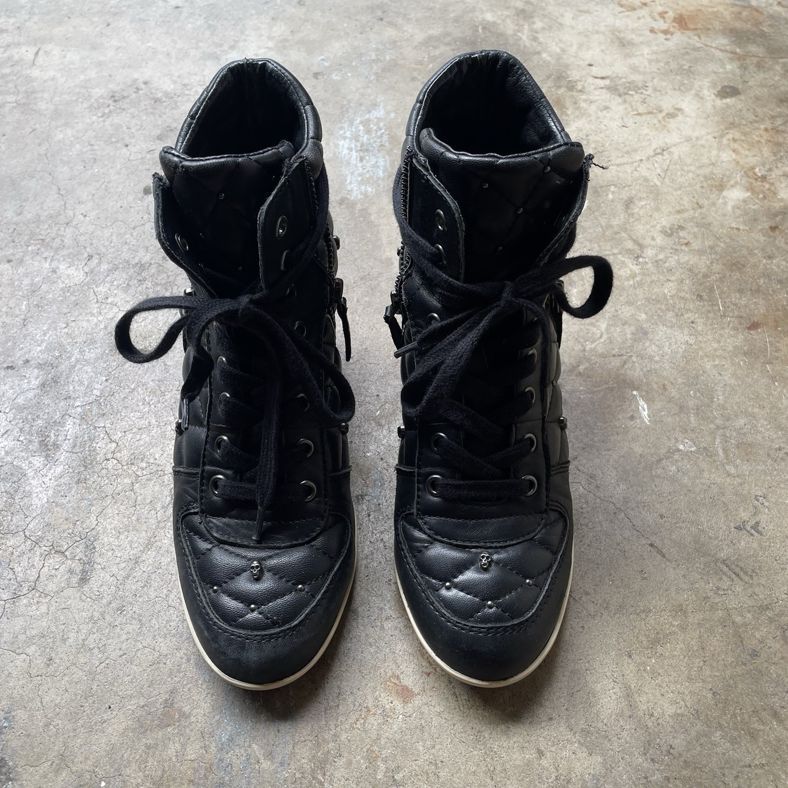 ASH Vintage Black Skull Studded Wedge Sneaker Boots Leather Zip EU 38