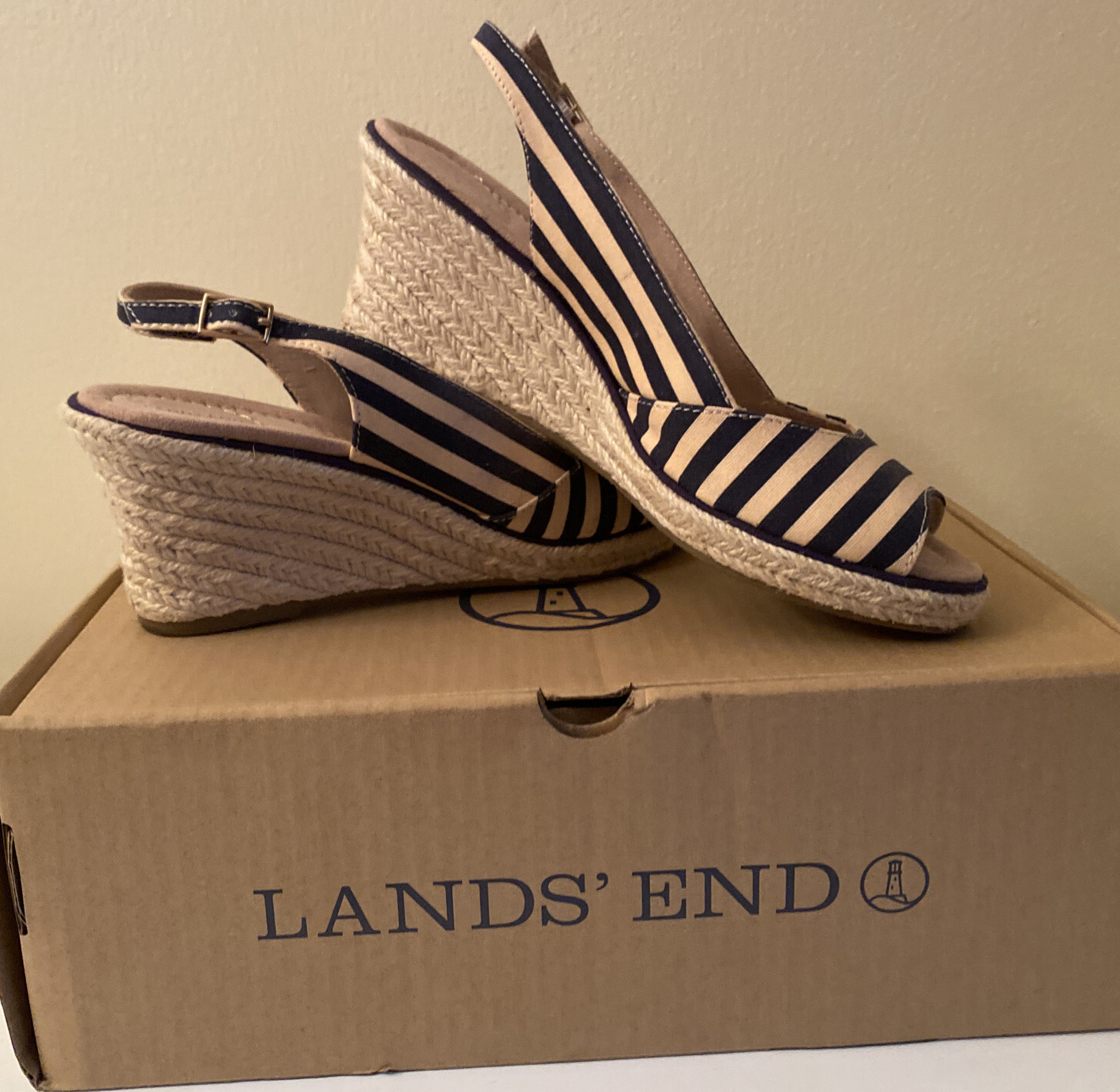 Lands End Mid Wedge Sandal Deep Sea Navy Beige Stripe Womens 8M Presley