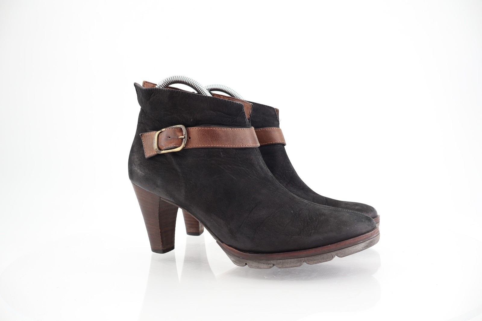 Paul Green Women’s Boot Size 9 Block Heel Black Nubuck Bootie Brown Strap
