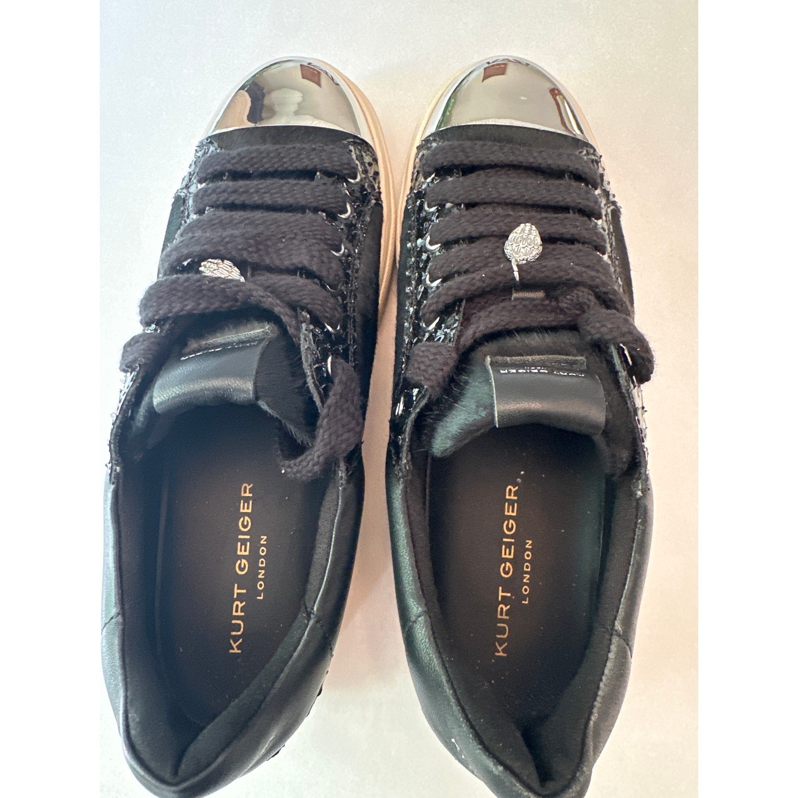 Kurt Geiger London Lana Black Calf Hair Metallic Cap Toe Platform Sneakers 12