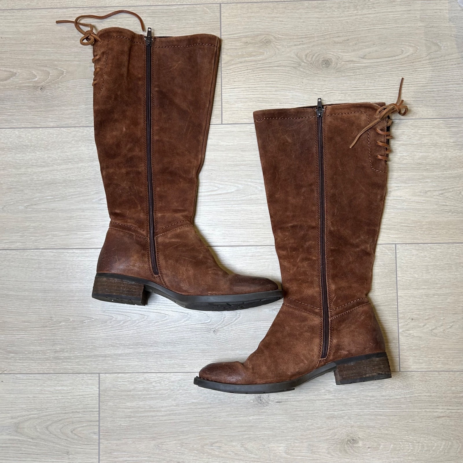 Born Hayden Tall Riding Boots Womens 8 Rust Tobacco Distressed Leather Lace Zip