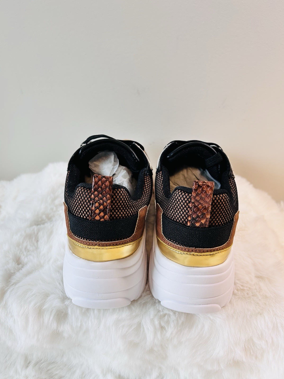 ShoeDazzle Peira Snake Print Gold Trim Lace Up Sneakers Black White Brown