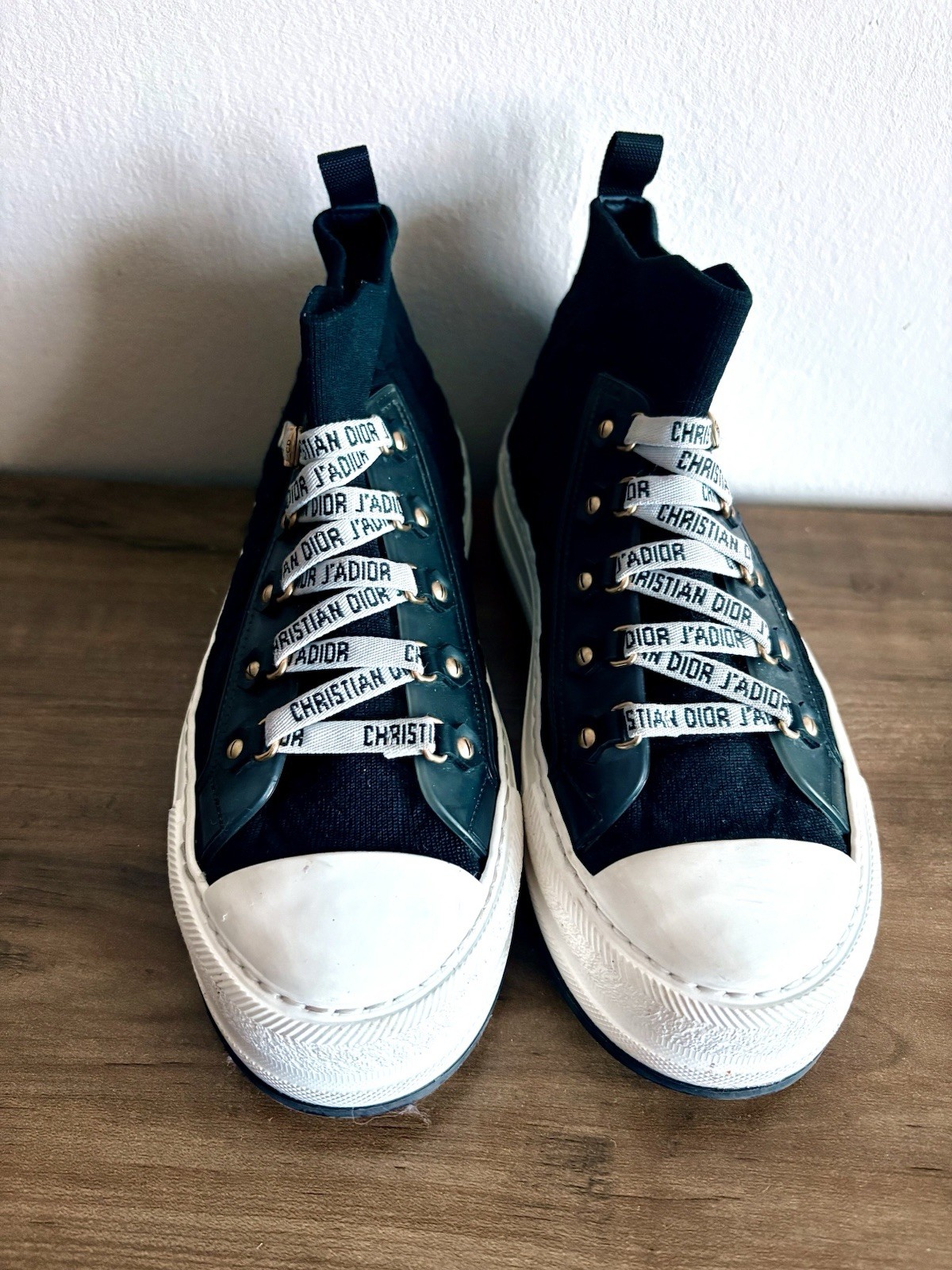 Authentic Dior B23 High Top Sneakers Black canvas with Dior logo laces and