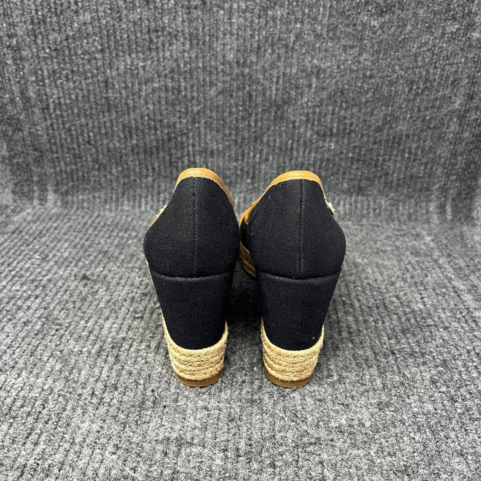 Tory Burch Majorca Logo Wedge Sandals Peep Toe Black Canvas Womens 9.5 / 39.5 EU