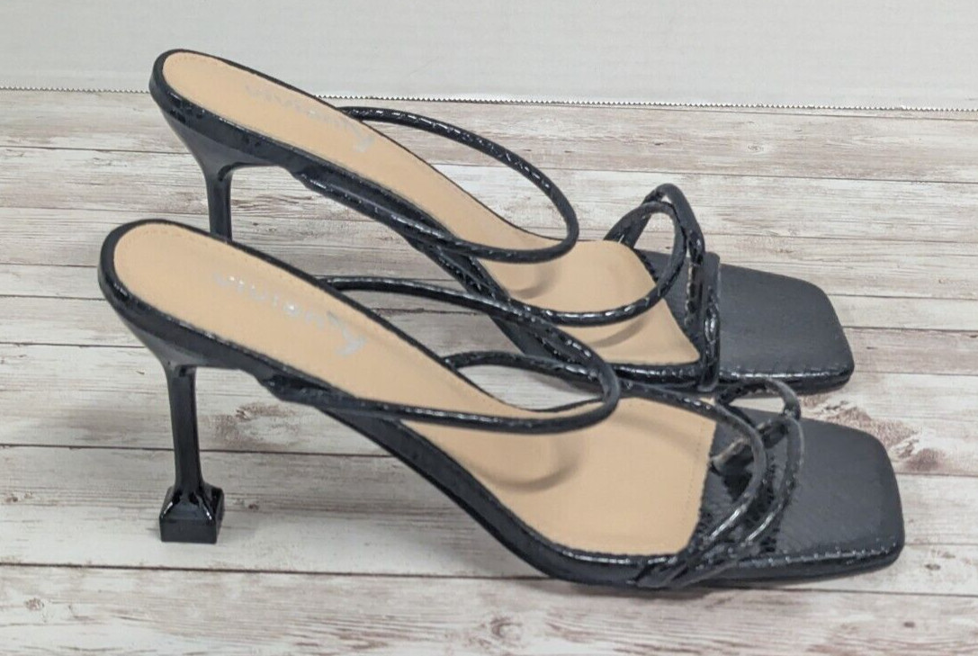 Viviany Womens Size 8 Black Leather Open Toe Slip On Slide Spool 3.5″ Heels