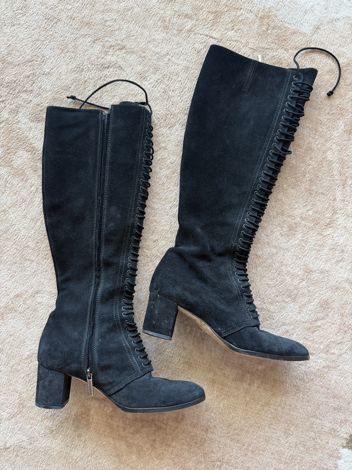 Theory Women’s Black Suede Knee-High Riding Boots Lace-Up Zip Almond Toe