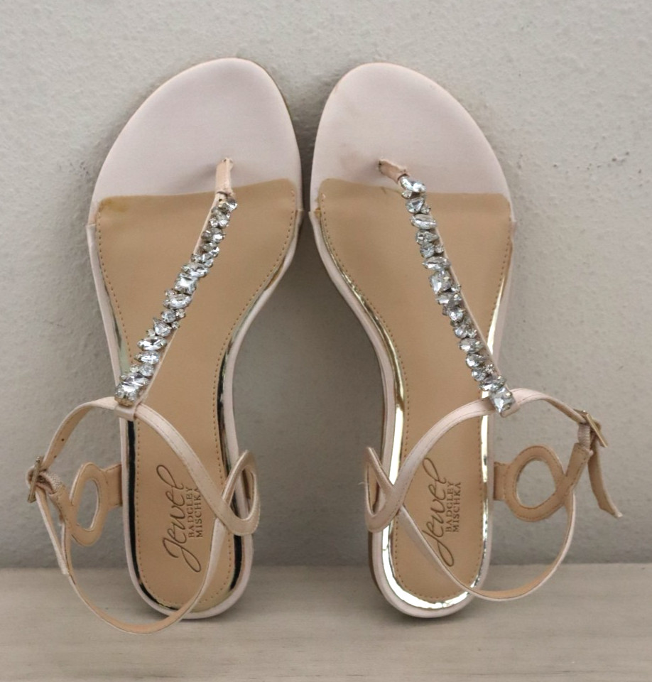 Jewel Badgley Mischka JW3414 Women’s Sz 6.5 Beige Natalie Embellished Sandals