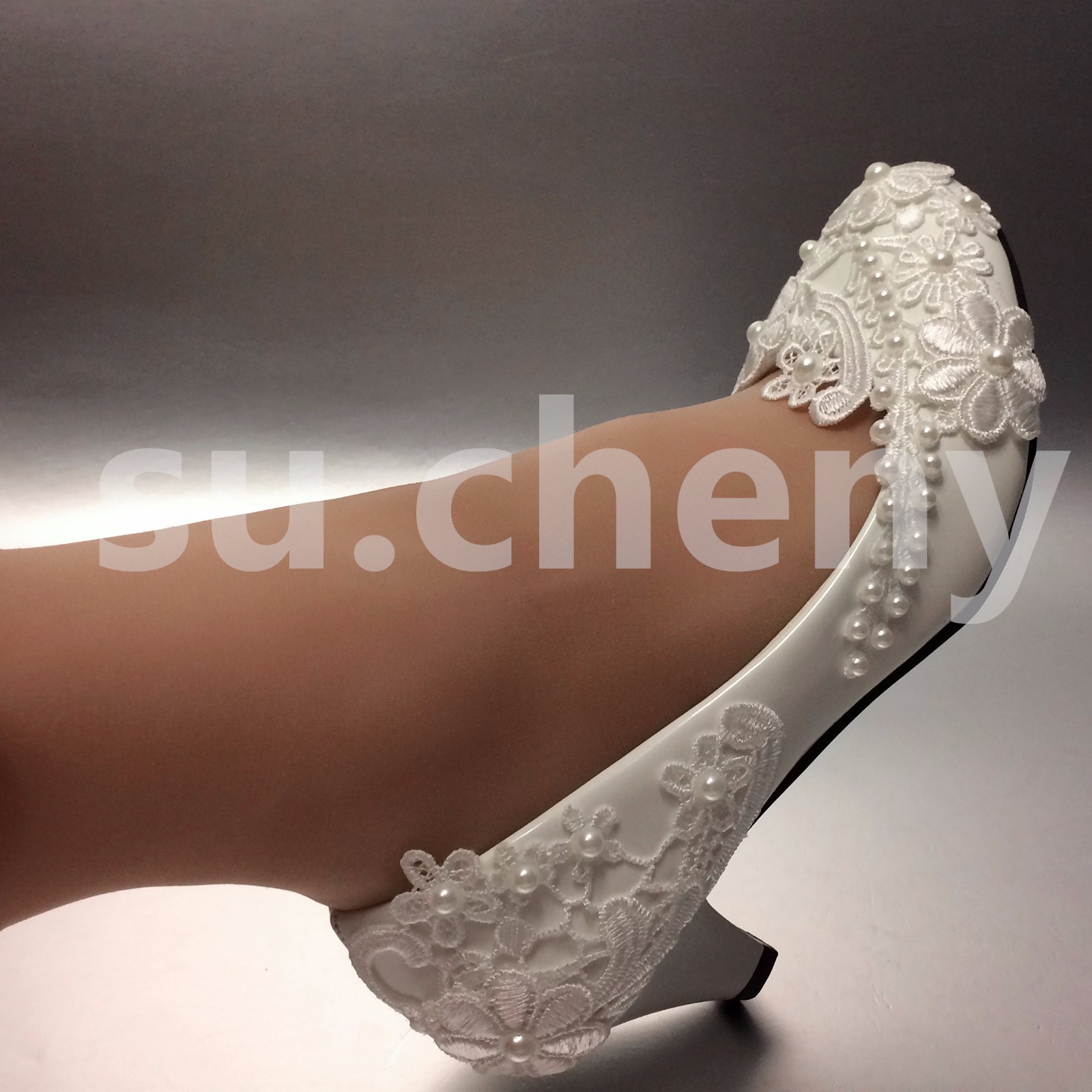 su.cheny Lace white ivory pearls flats low high heel pumps Wedding Bridal shoes