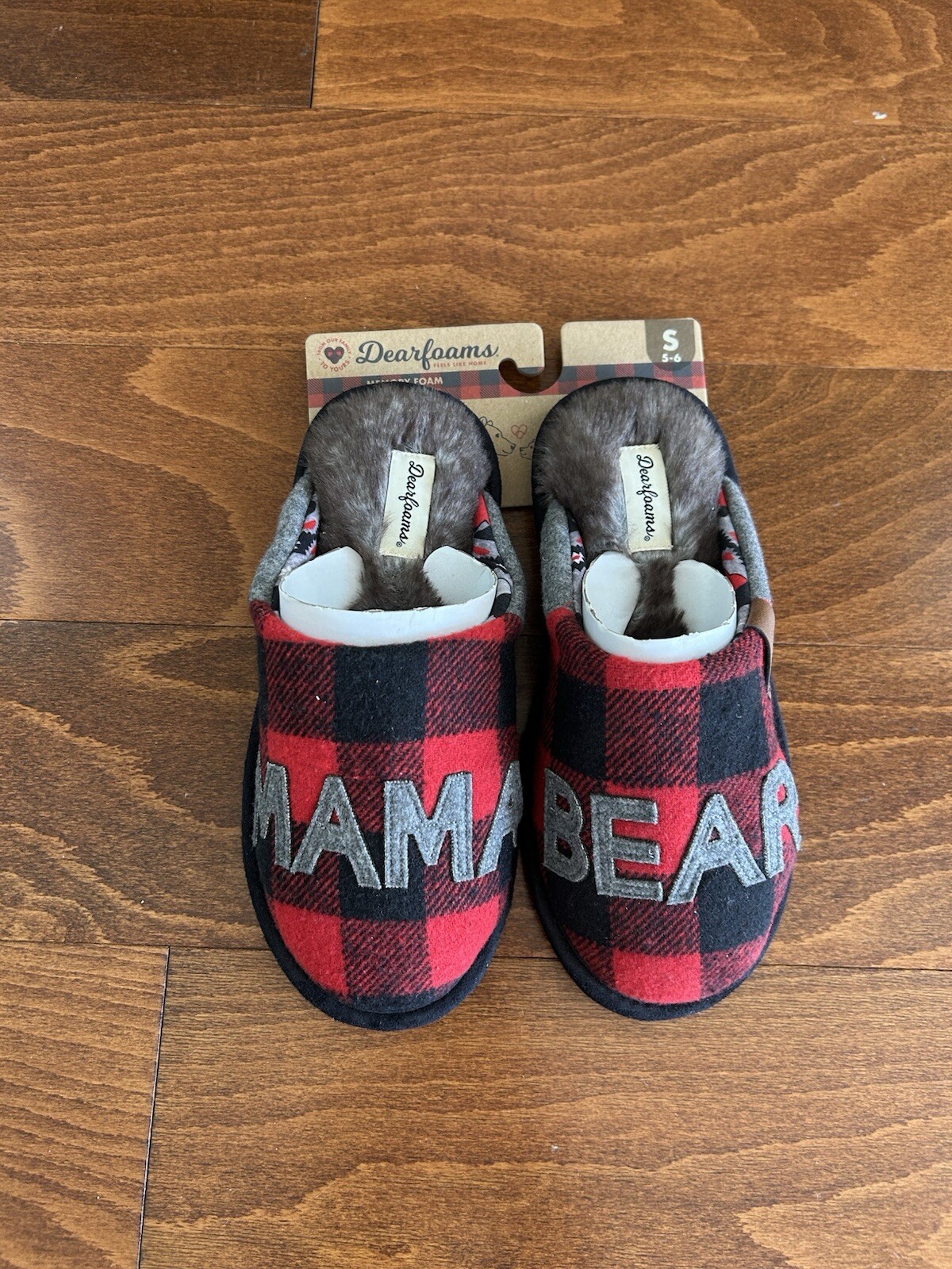 Dearfoams Christmas Gifts Mom Cute Gray & Red Plaid NEW 5-6 Mama Bear Slippers