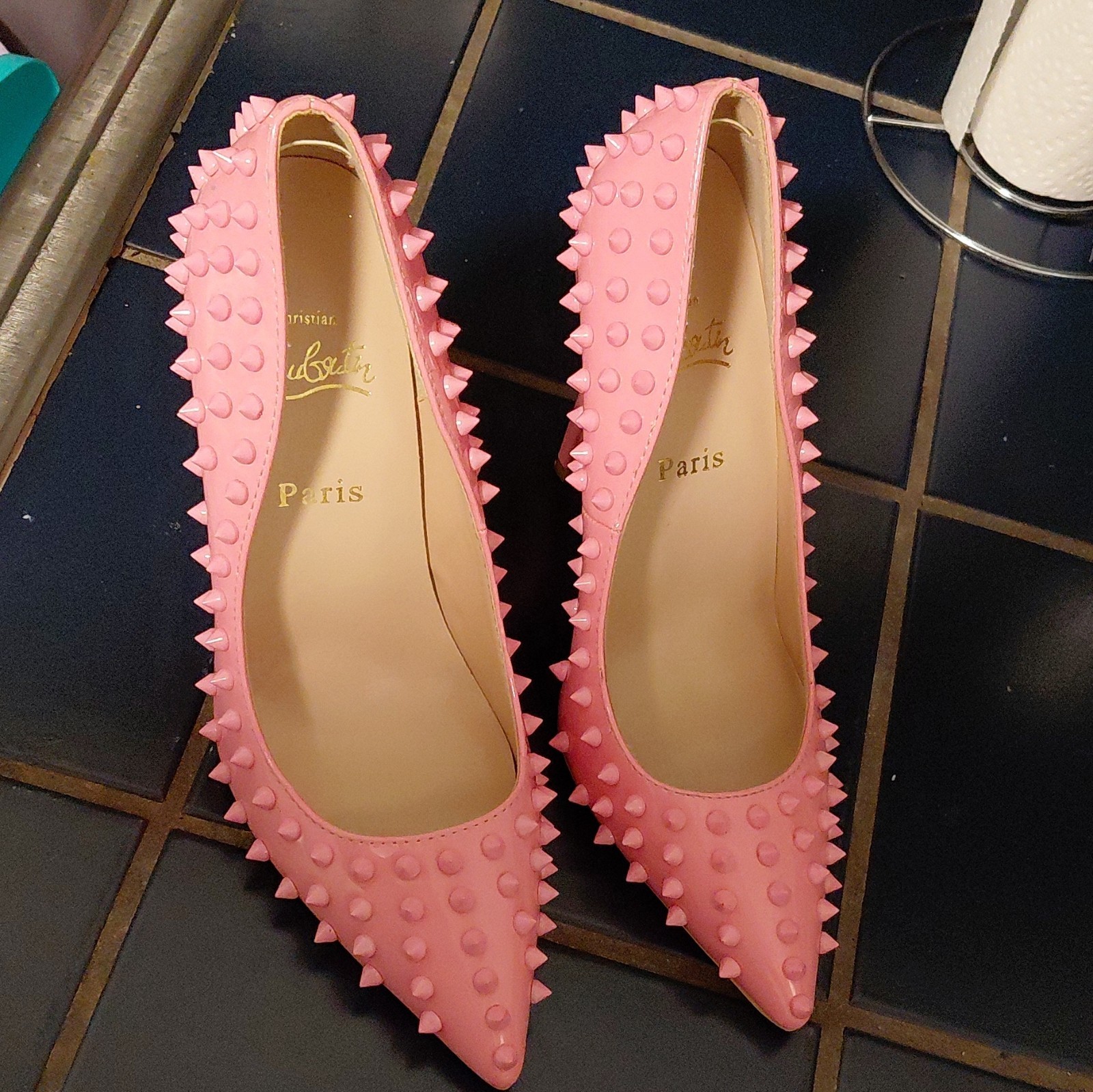 Christian Louboutin Pink Spiked Studded Pointed Toe Leather Stiletto Pumps 40