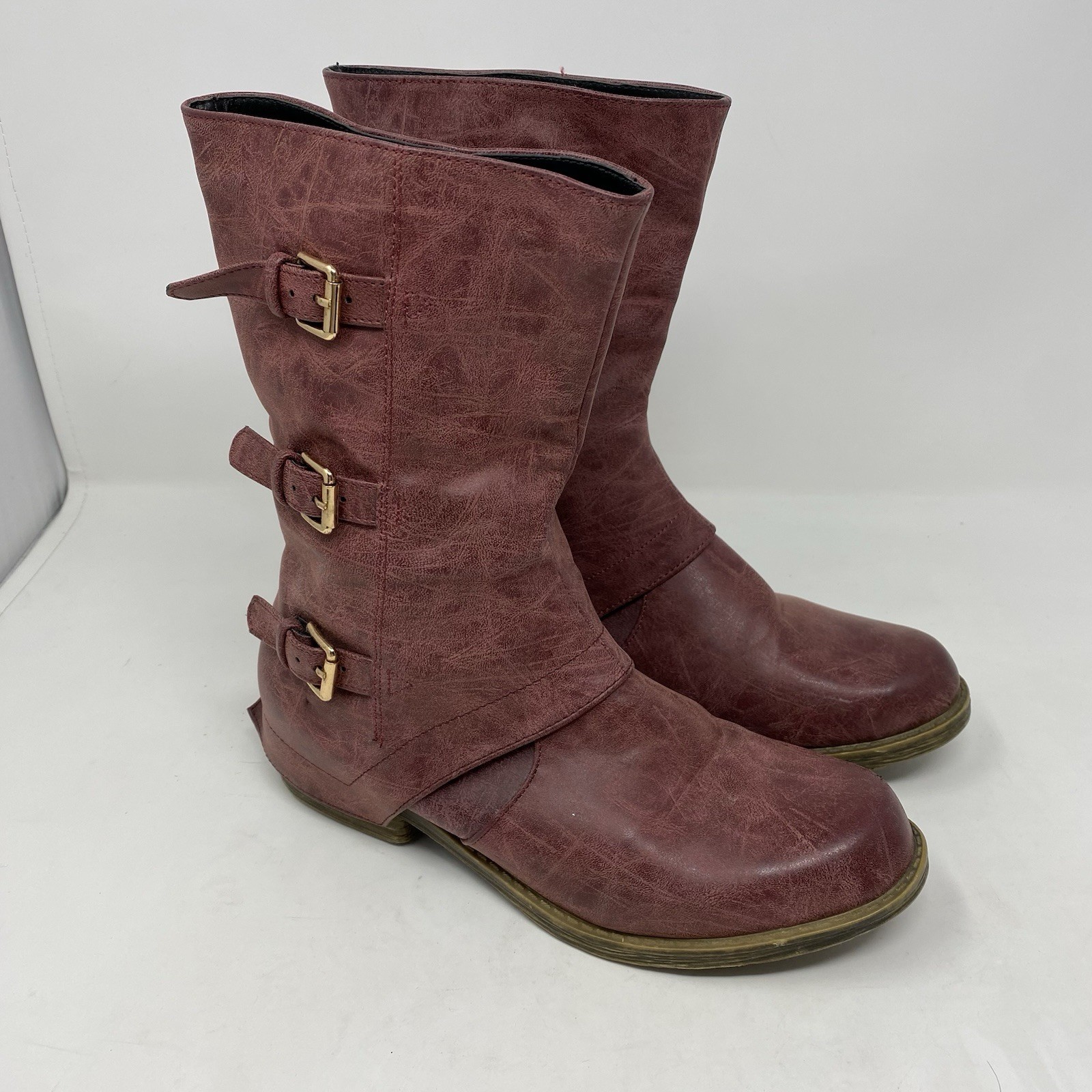 French Blue Boot Size 39 Red Distressed Look Buckle Mid Calf Equestrian Riding