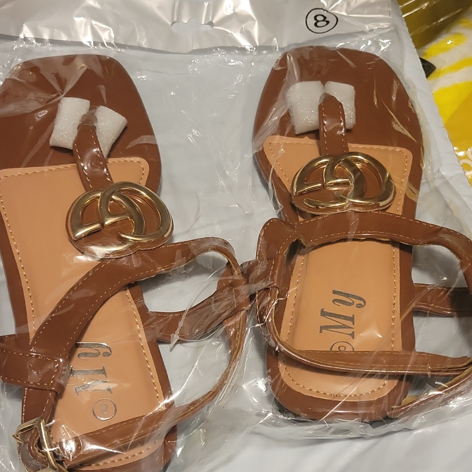 Women’s Brown Buckle Flat Strappy Ankle Strap Sandals w/ Logo Accent, Size 8