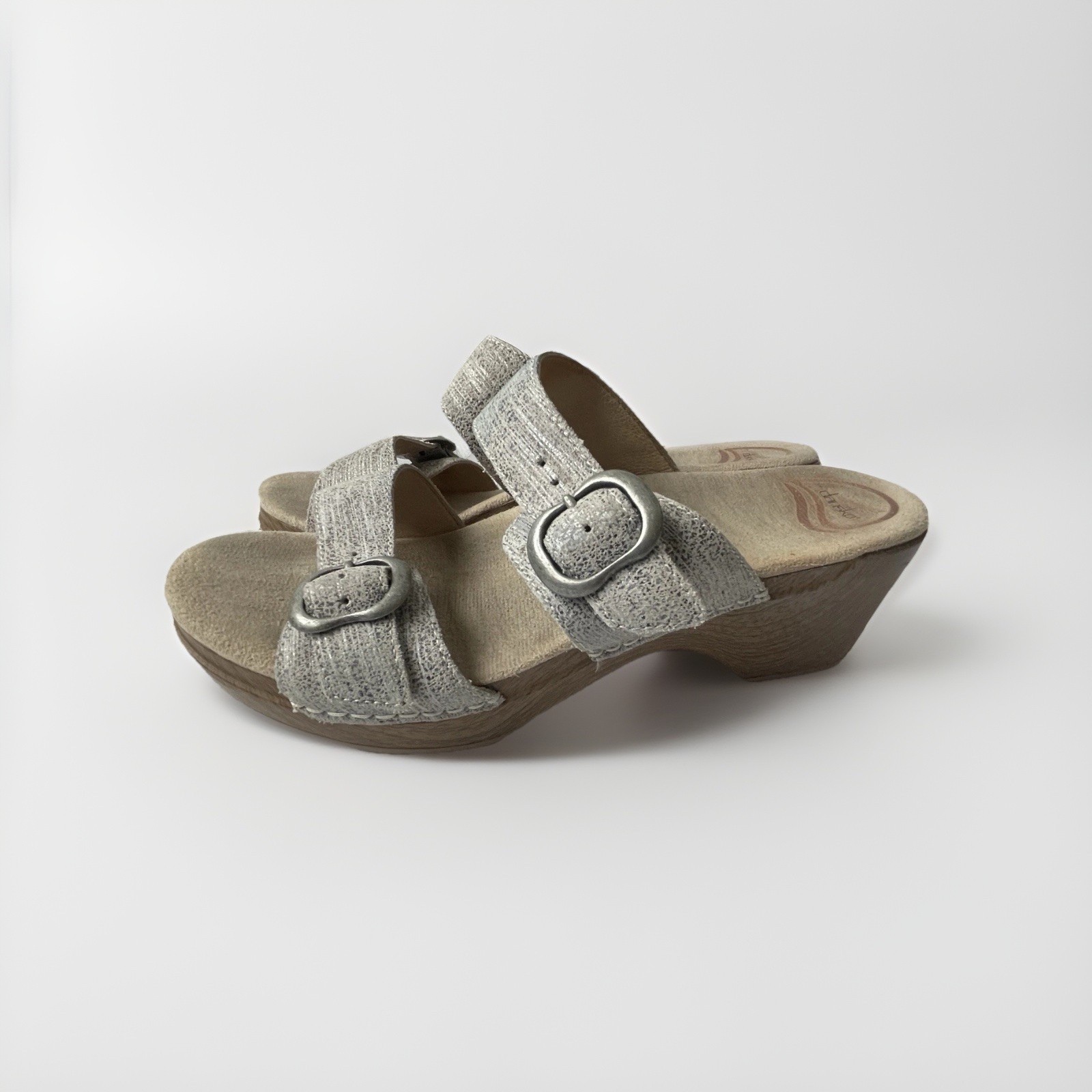 Dansko Shoes Womens Size 39/8.5 Sophie Sandals Slide Buckle Lt Gray Leather