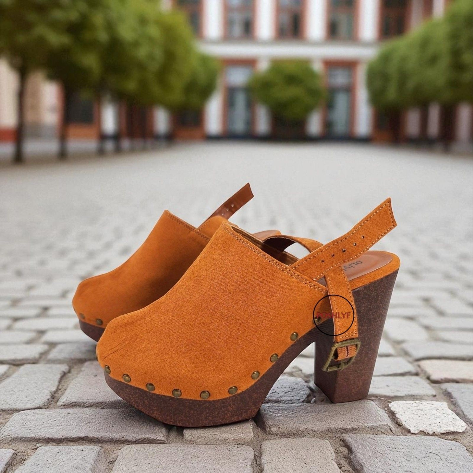 Olivia Miller Studded Lia Clog Heel Cognac Size 8