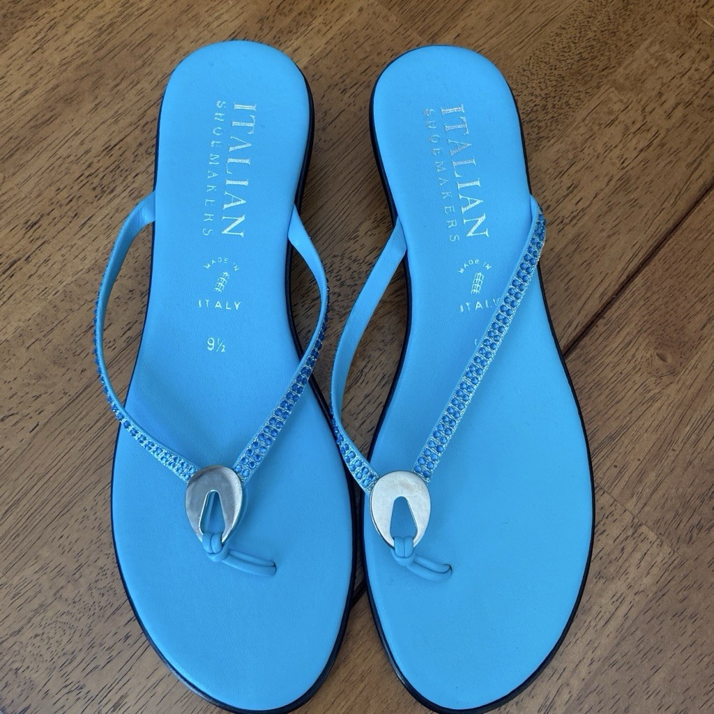 Italian Shoemakers Blue Leather Rhinestone Thong Wedge Sandals Women’s 9.5