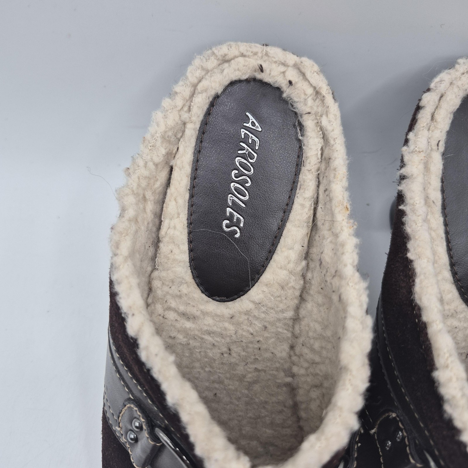 Aerosoles Shoes Womens Size 10 Brown Suede Faux Fur Mule Heels Buckle Lined