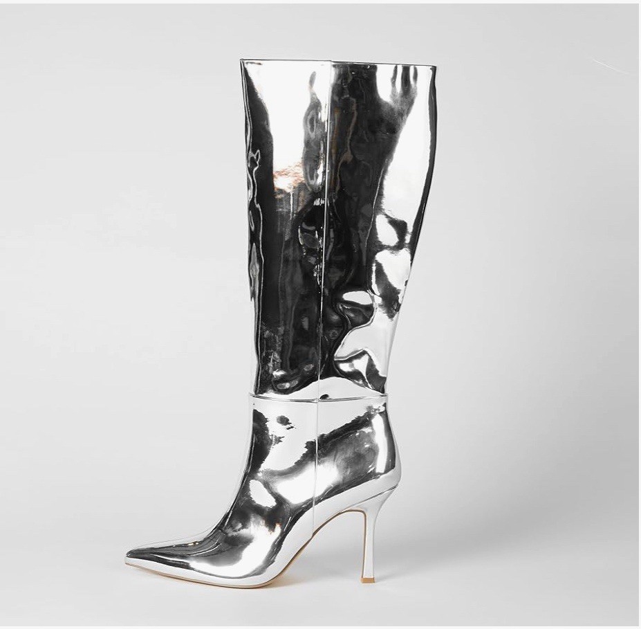 Mirror Silver Knee High 3.6” Stiletto Heel NIB, The Drop Size 10