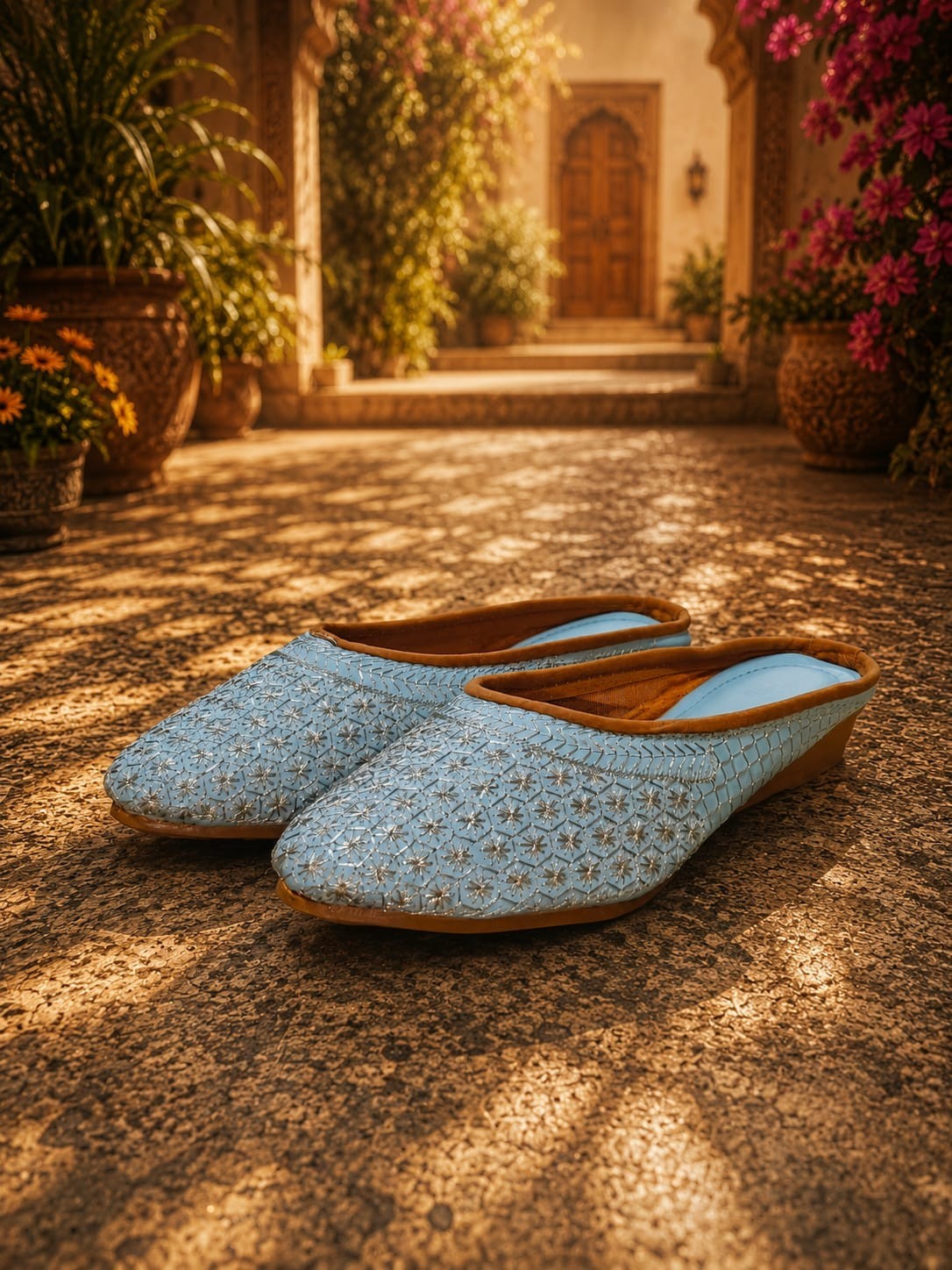 Women’s Sky Blue Embroidered Boho Mule Flats Slip On Ethnic Jutti Shoes