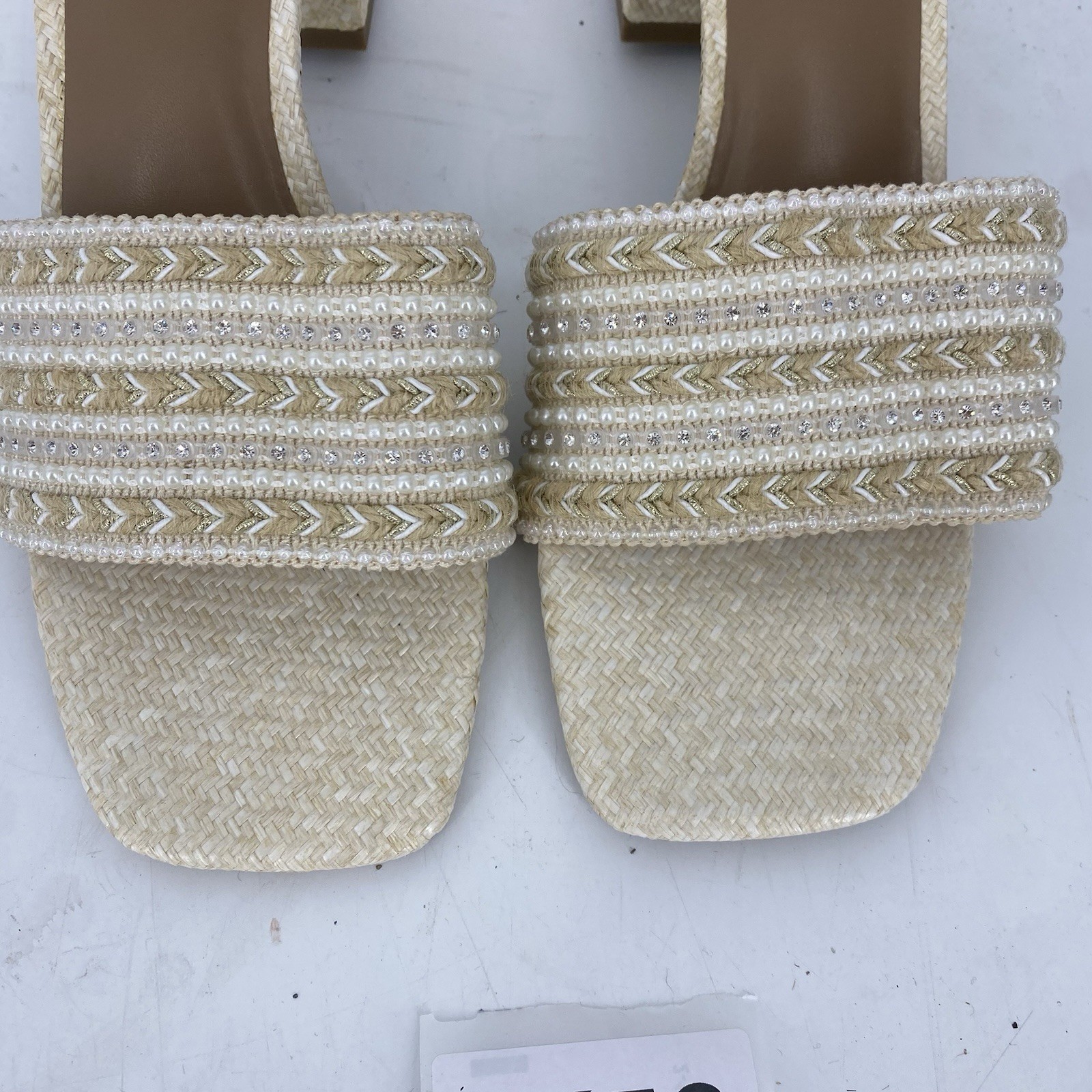 Madden NYC Tan Beaded Woven Block Heel Slides Size 11 NWOB Women’s Shoes