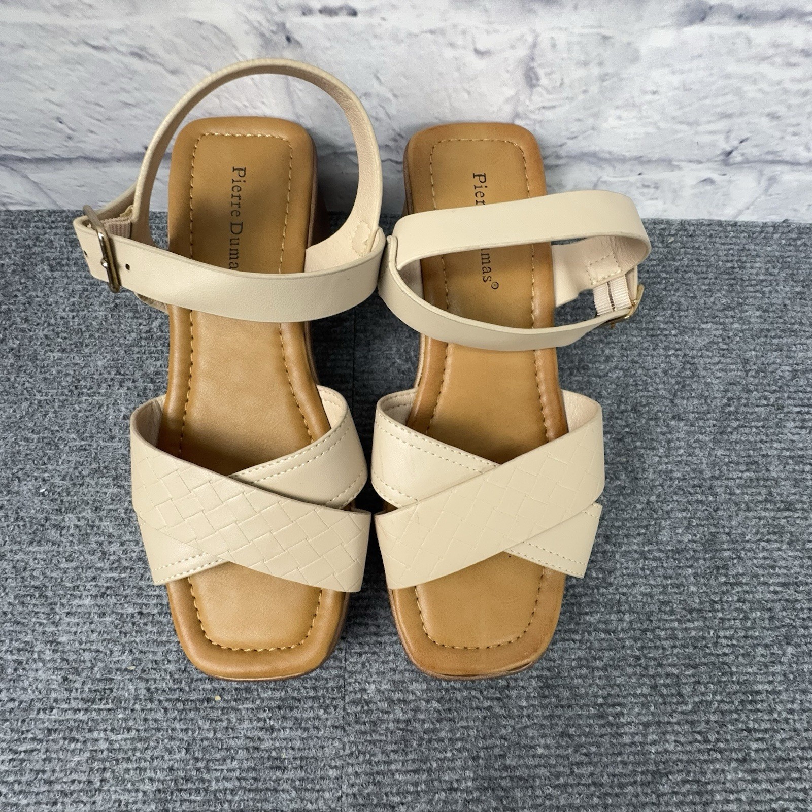 Pierre Dumas Cream Platform Block Heel Square Toe Sandals Women’s 5 Ankle Strap