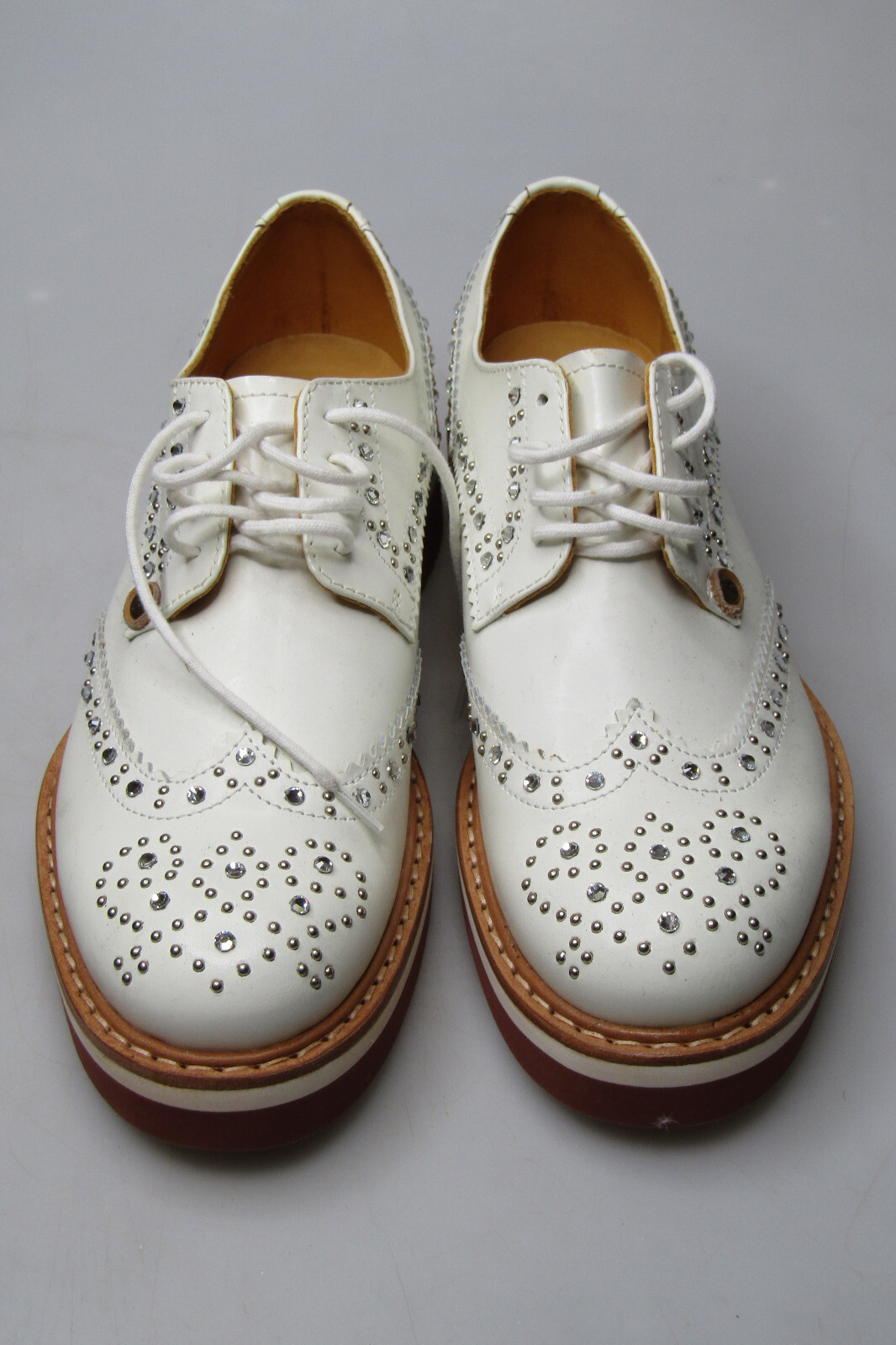 Womens Paciotti 308 Madison White Rhinestones Leather Oxford Wingtip Shoes Sz 35