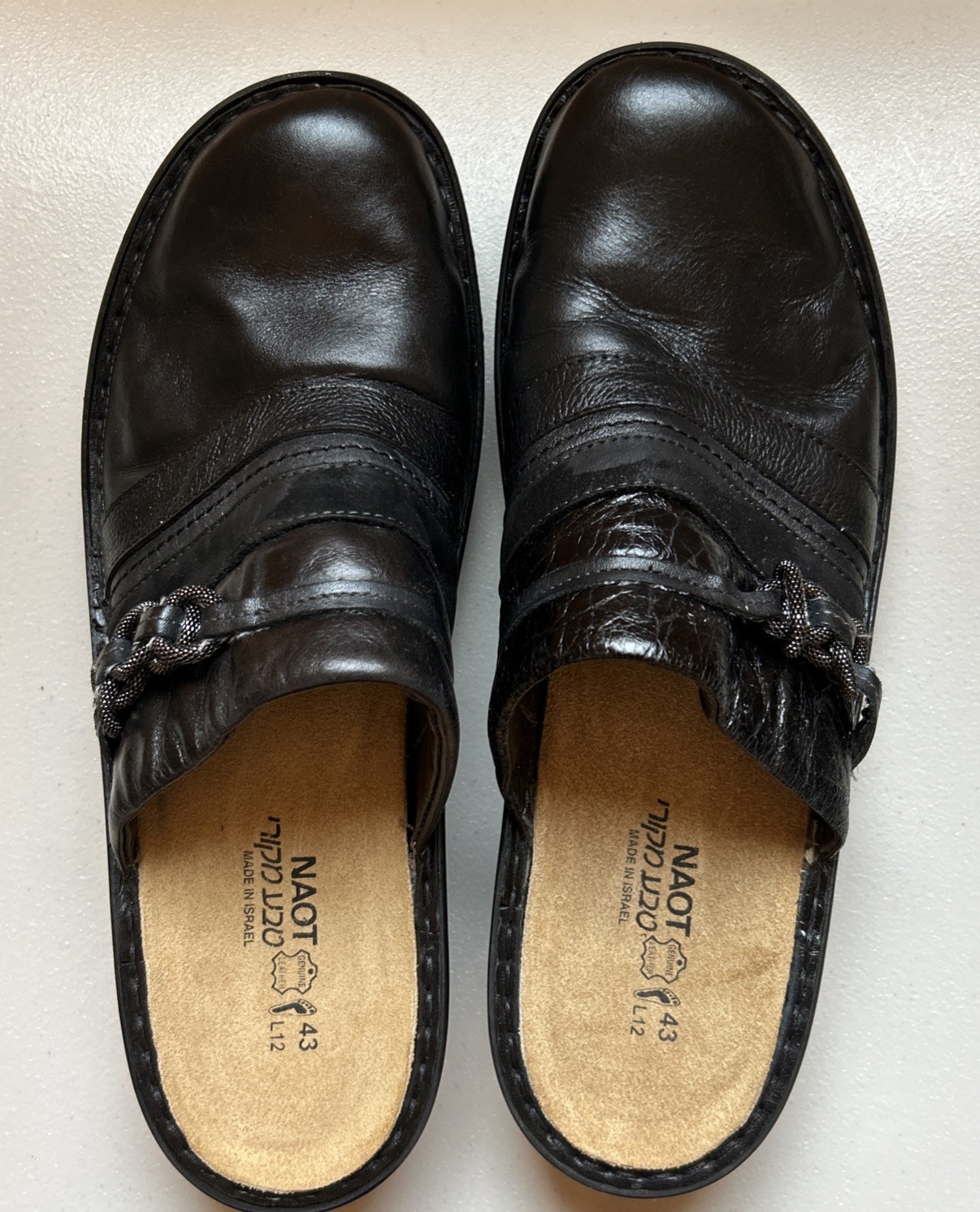 Naot Womens Black Belize Striped Leather Mule Clogs Size 43 (US 12)