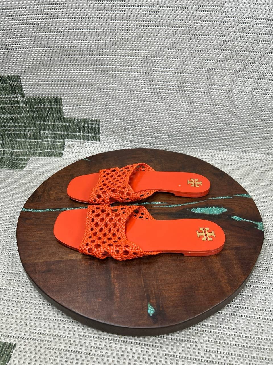 Tory Burch Sandals Womens Size 8 M Slides Desert Flower Orange Woven Leather