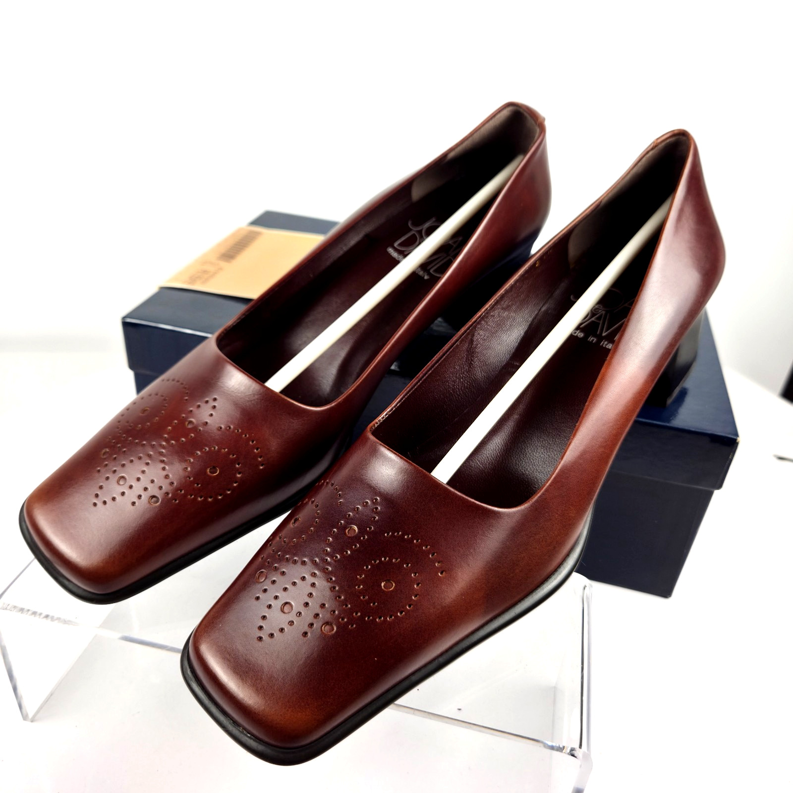 Joan & David Walnut Brown Leather Square Toe Block Heel Pumps 8.5M Italy VTG NOS