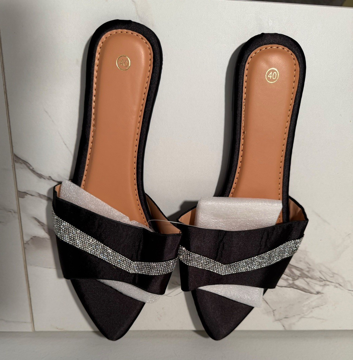 Women’s Black Synthetic Slide Sandals Slip-On Rhinestone Strap Open Toe EU40 US9