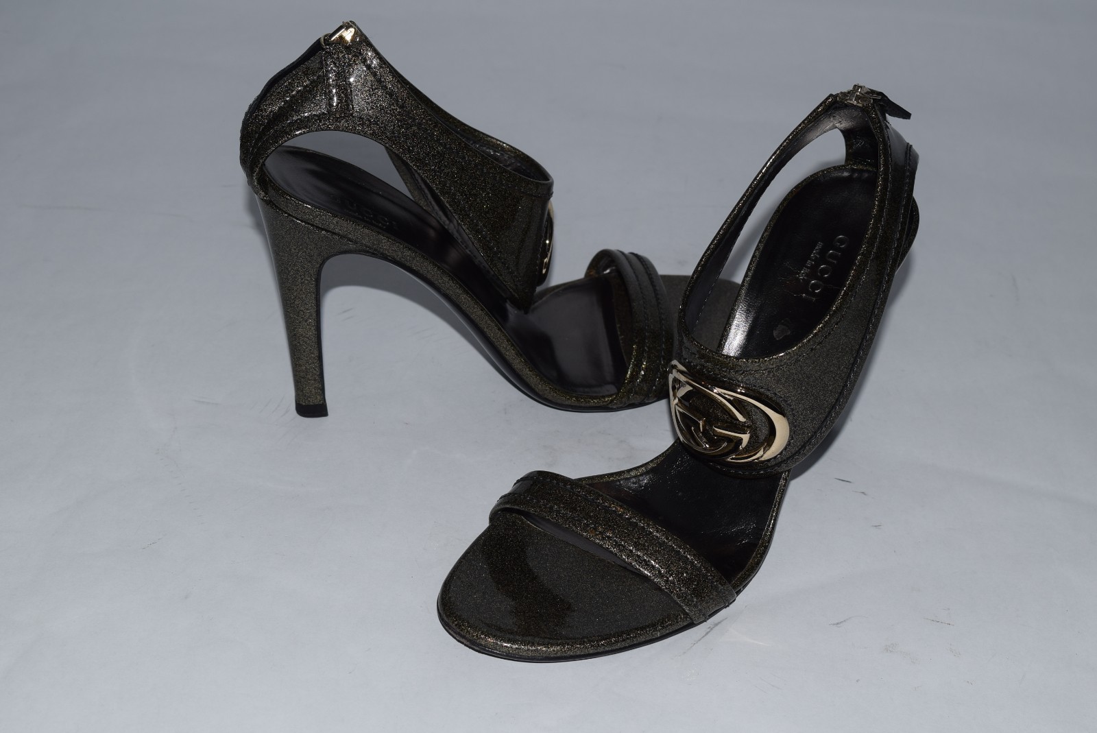 Vintage Gucci Glitter Logo Double G’s Leather Heels sz 38.5/8.5 Anthracite Black