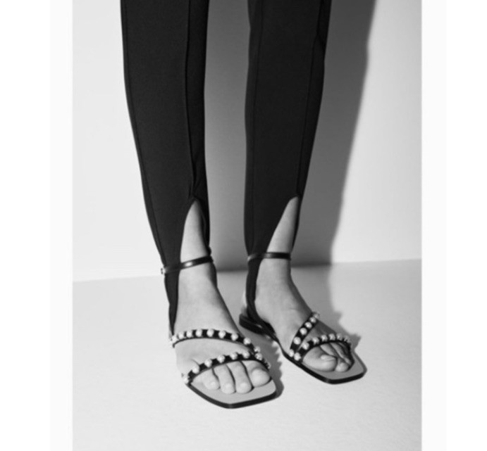 Zara Pearl Studded Flat Strappy Sandals Sz 36 US 6 Black White Gold Chic Wedding