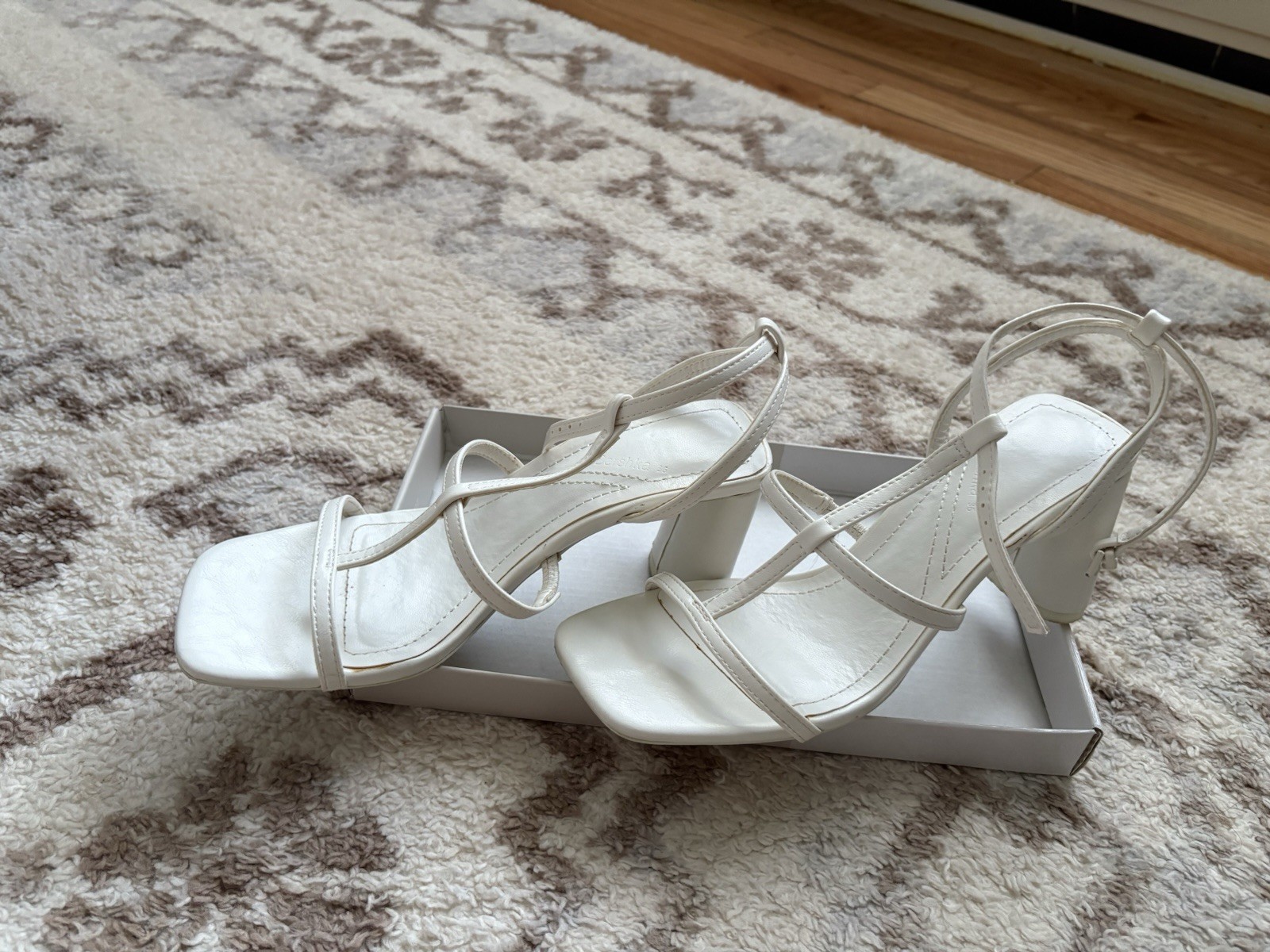 Women’s White Strappy Square Toe Block Heel Slingback Sandals Solid