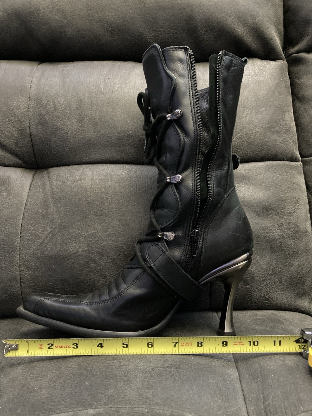 New Rock Black Leather Biker Mid-Calf Boots Buckles Lace-Up Women EU 38