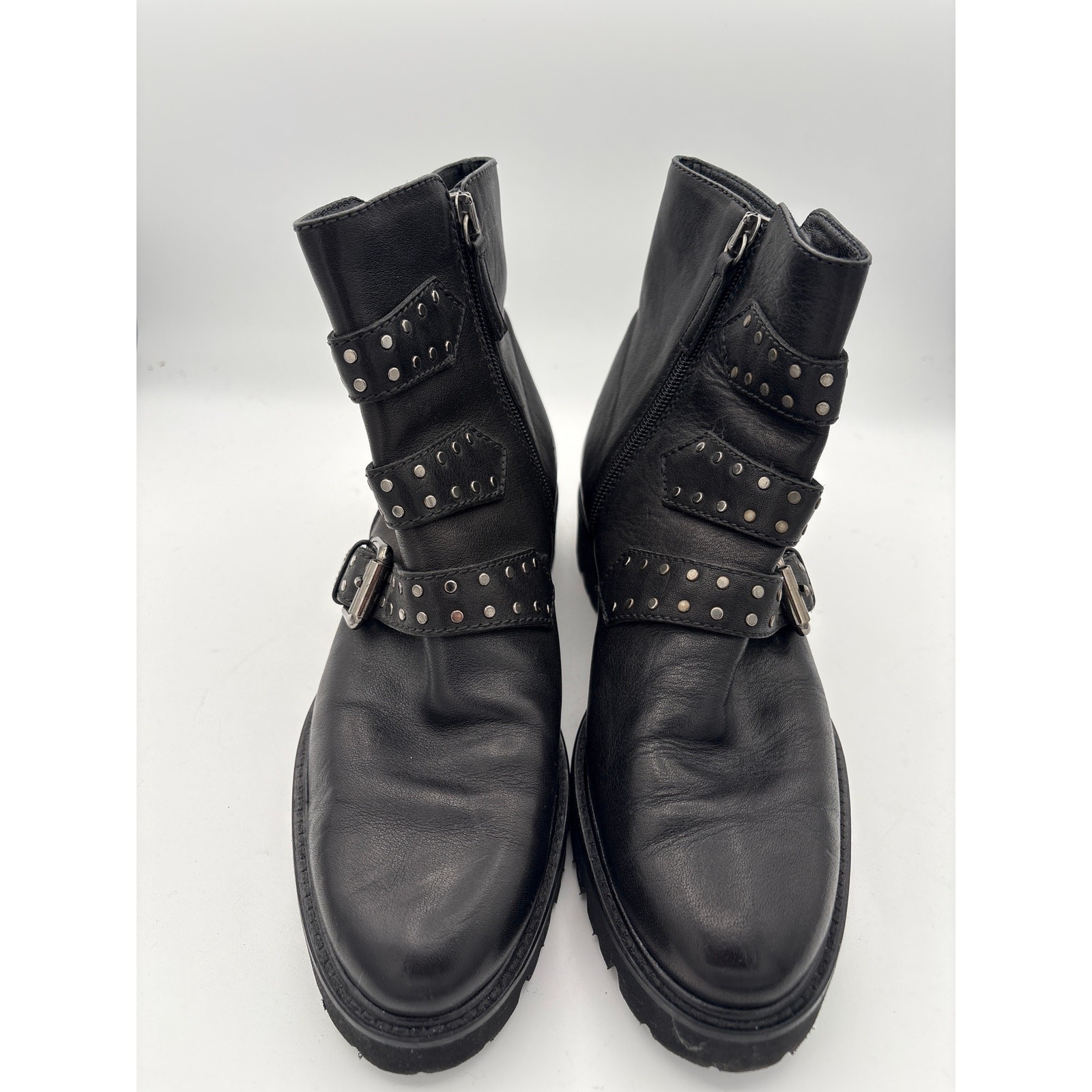 Women’s M. Gemi Black Leather Faux Studded Buckle Ankle Boots