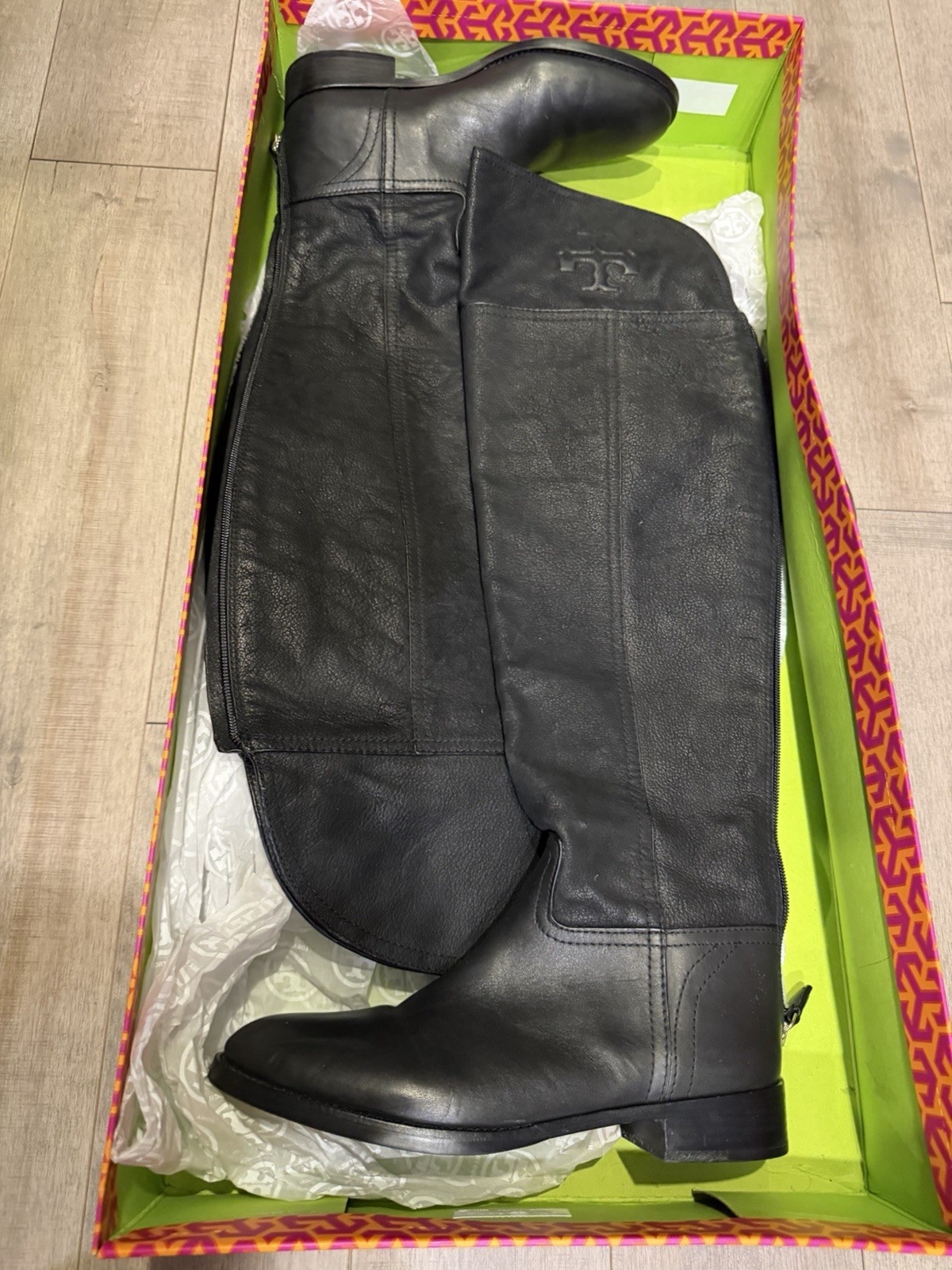 Tory Burch Simone Over The Knee Boot Black Leather Logo Zipper Riding Boot US 8