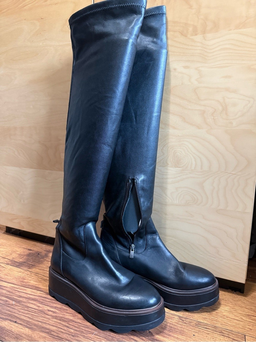 Black Platform Knee-High Leather Like Boots