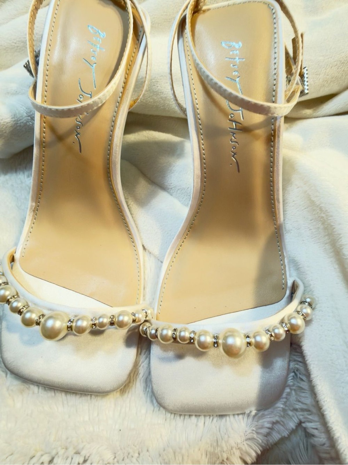 Betsey Johnson SB-Jacy Ivory Pearl-Embellished Ankle Strap Heels size 7.5