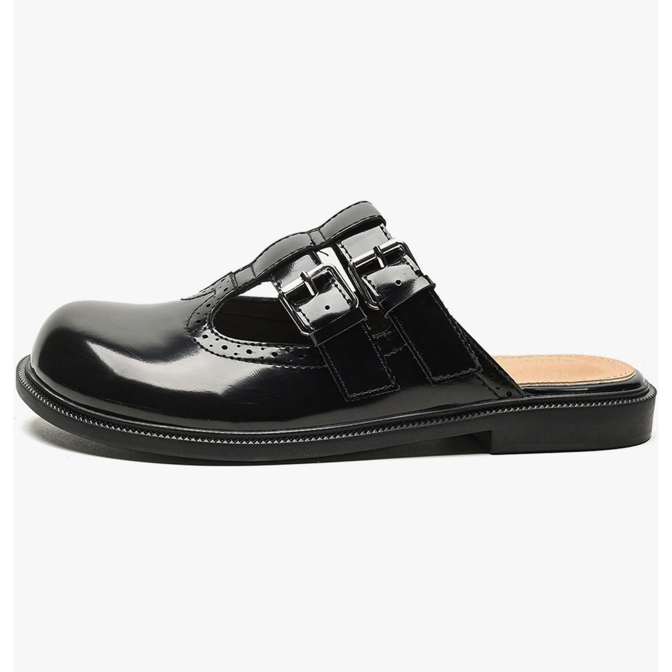 Mary Jane Double Buckle Mules Black Patent Faux Leather 7 New Preppy Academia