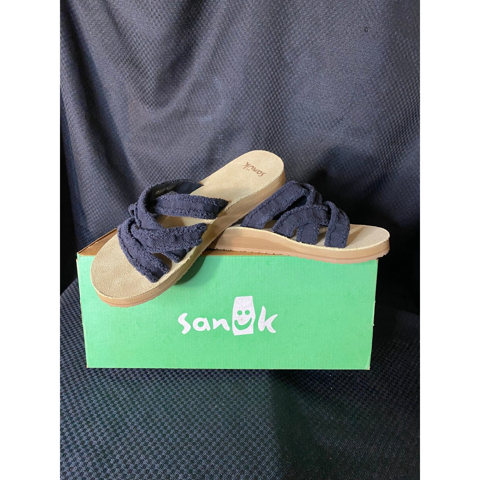 Sanuk W Fraidy Slide Black Frayed Fabric Sandals Women’s Size 7 NEW