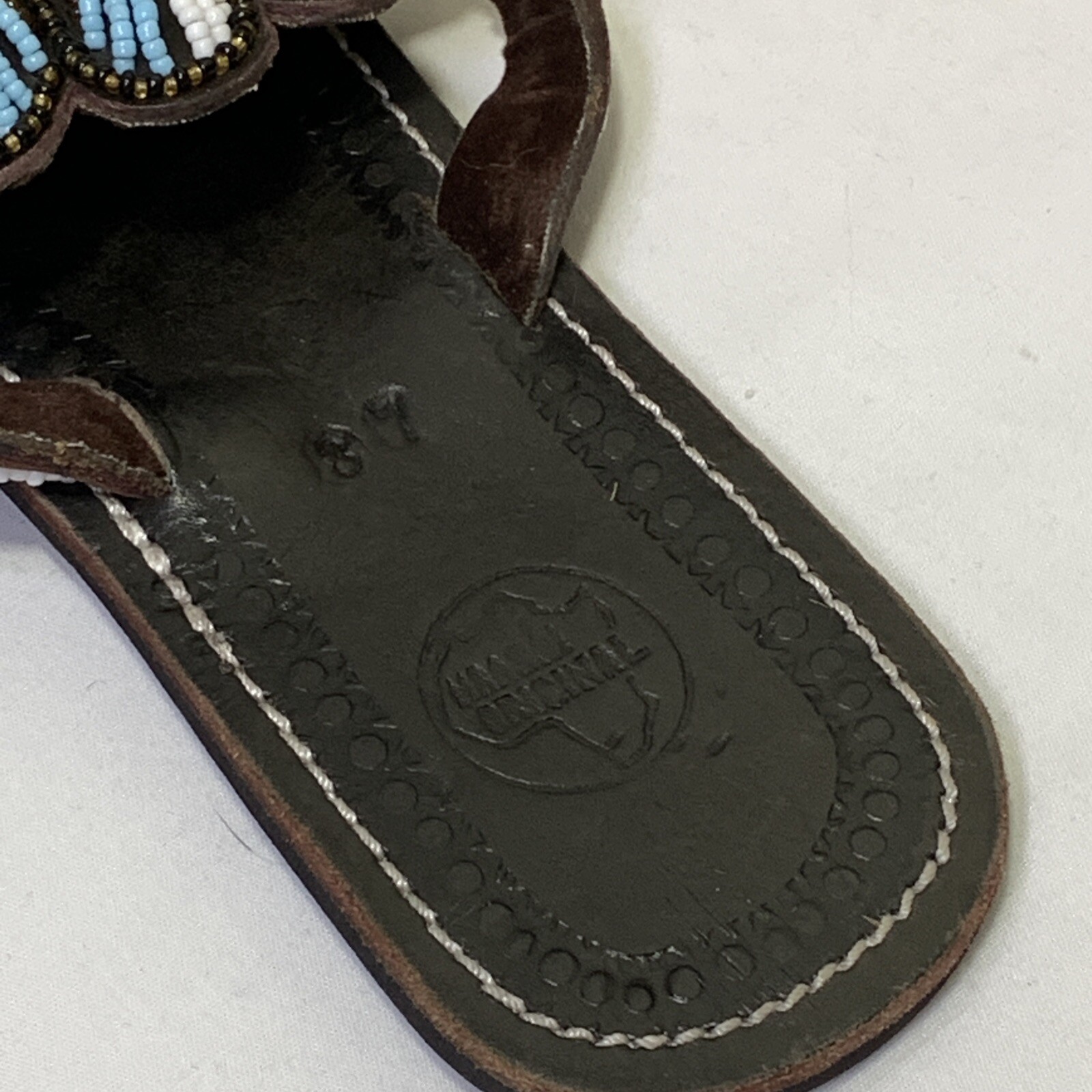 Hand Tooled Leather Sandals Thong Flip Flop Seed Bead Bohemian Size 37 US 6.5
