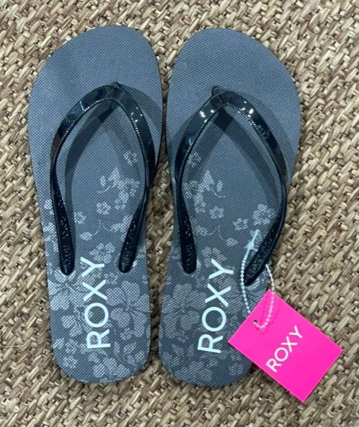 Roxy Dahlia Flip Flops Women Black Gray Floral Logo Size 6 New With Tags Sandals