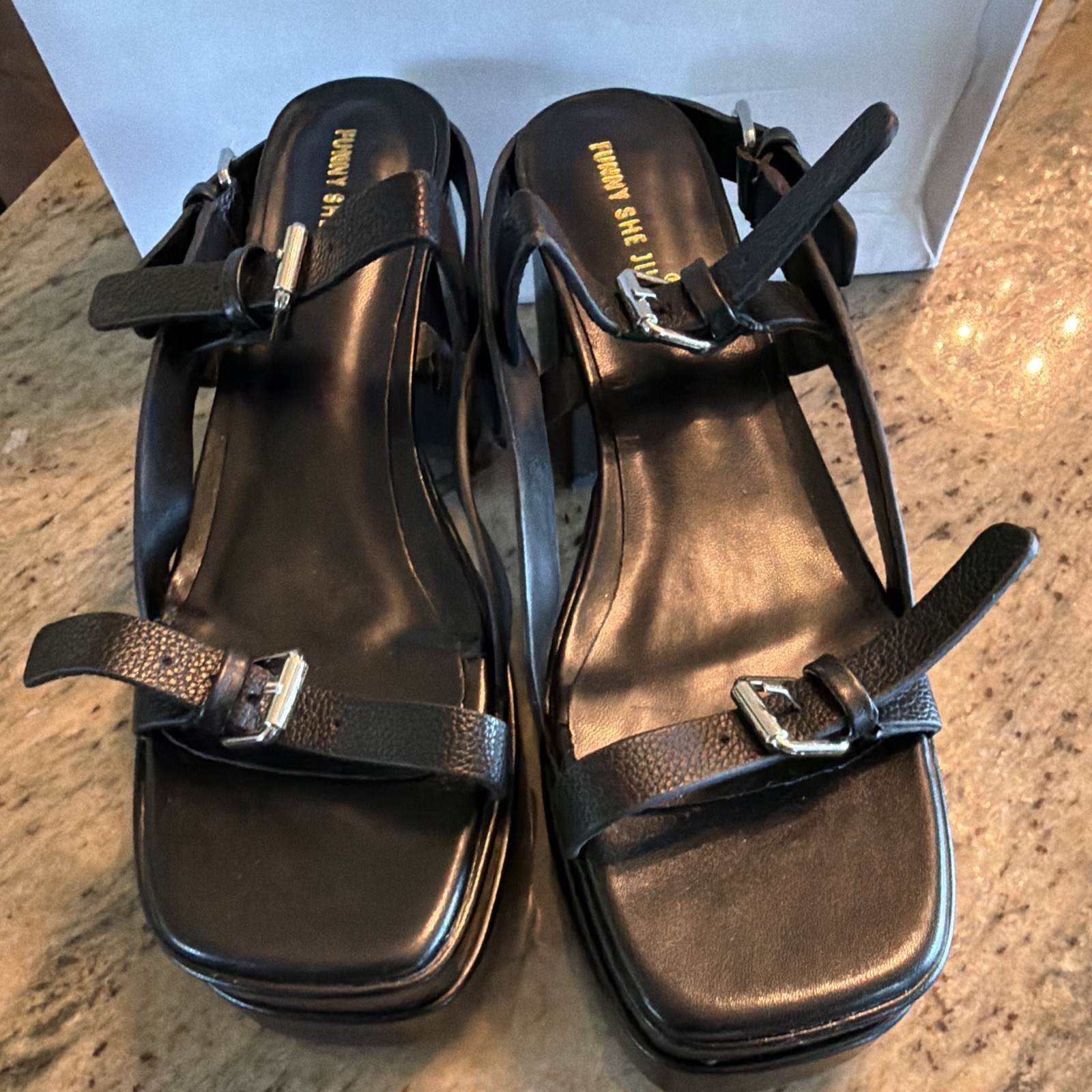 Womens Black Faux Leather Platform Strappy Ankle Strap Buckle Sandals 11 M